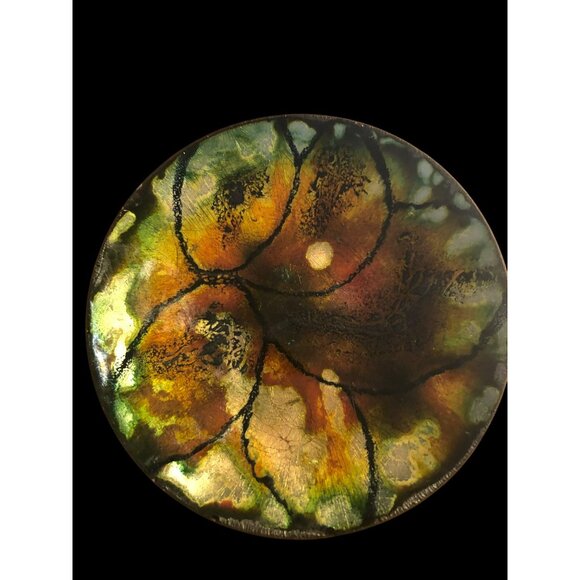 Handcrafted 5" Copper Enamel Dish Abstract Autumn Leaf Design Felted Bottom - Picture 5 of 6